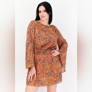 Jessica Simpson Orange Paisley Bell Sleeve Boho Festival Amella Mini Dress 2X